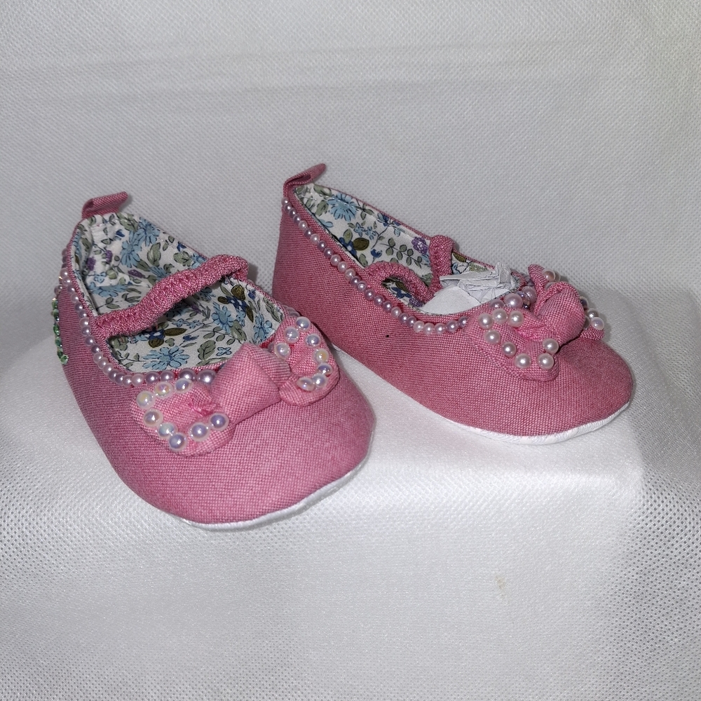 Pink Kids Shoes with Bow and Pearl Detail. Embellished By Hand.